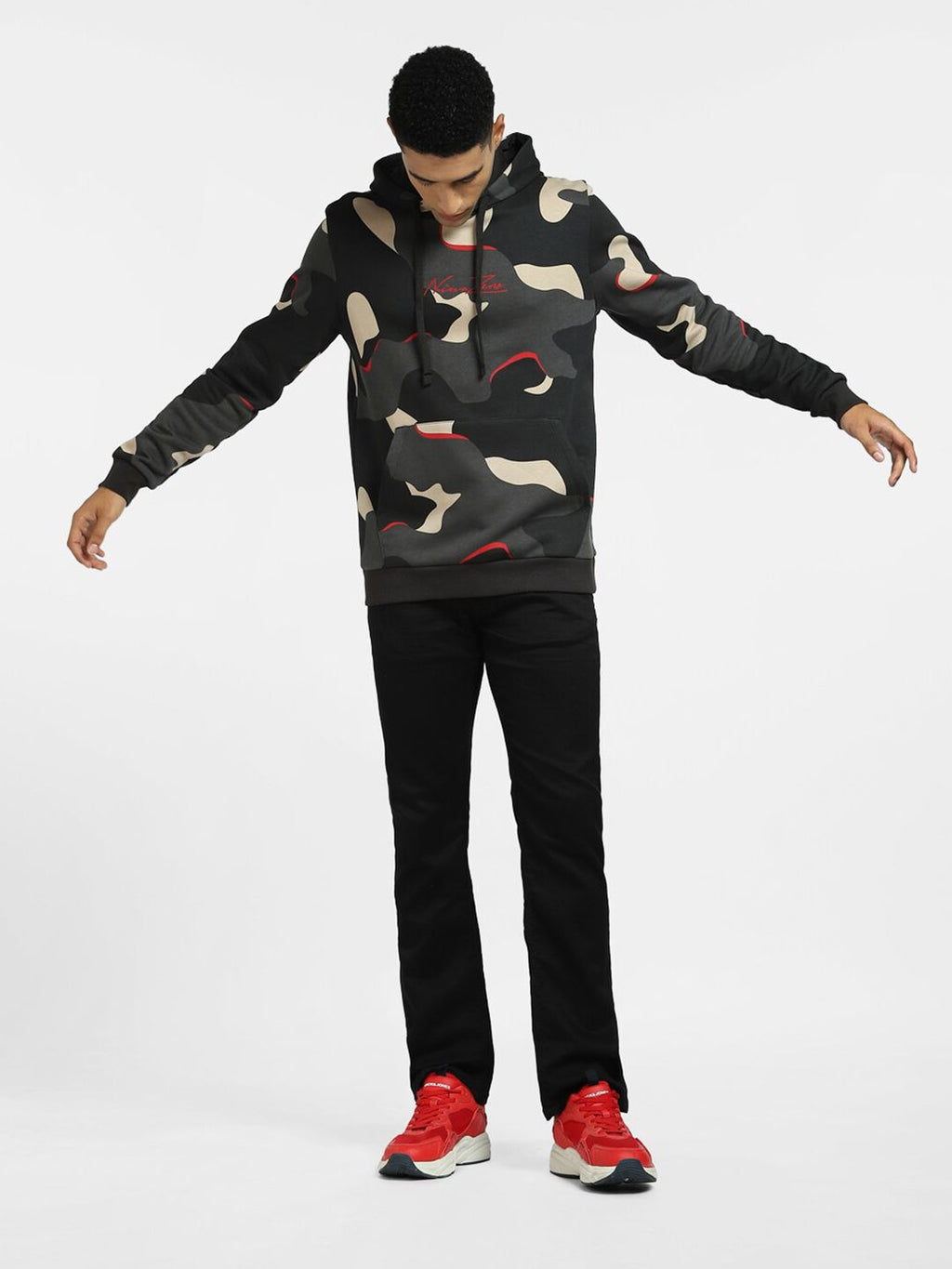 Jack & Jones Men Black & Grey Camouflage Printed Hooded Sweatshirt