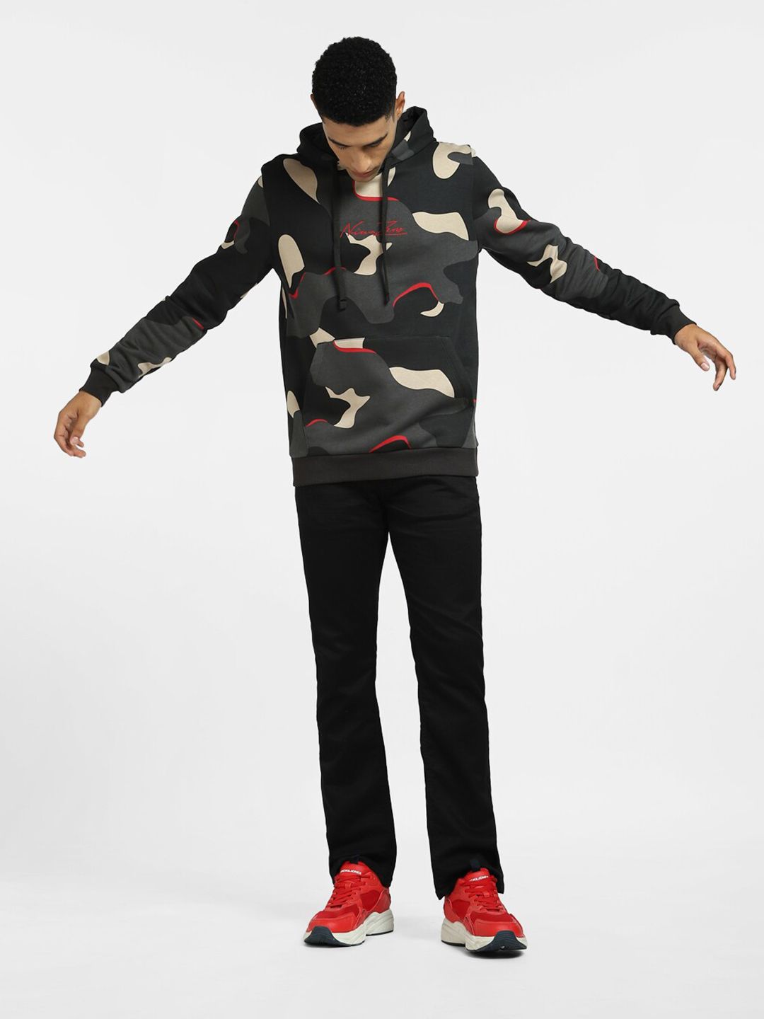  Jack & Jones Men Black & Grey Camouflage Printed Hooded Sweatshirt
