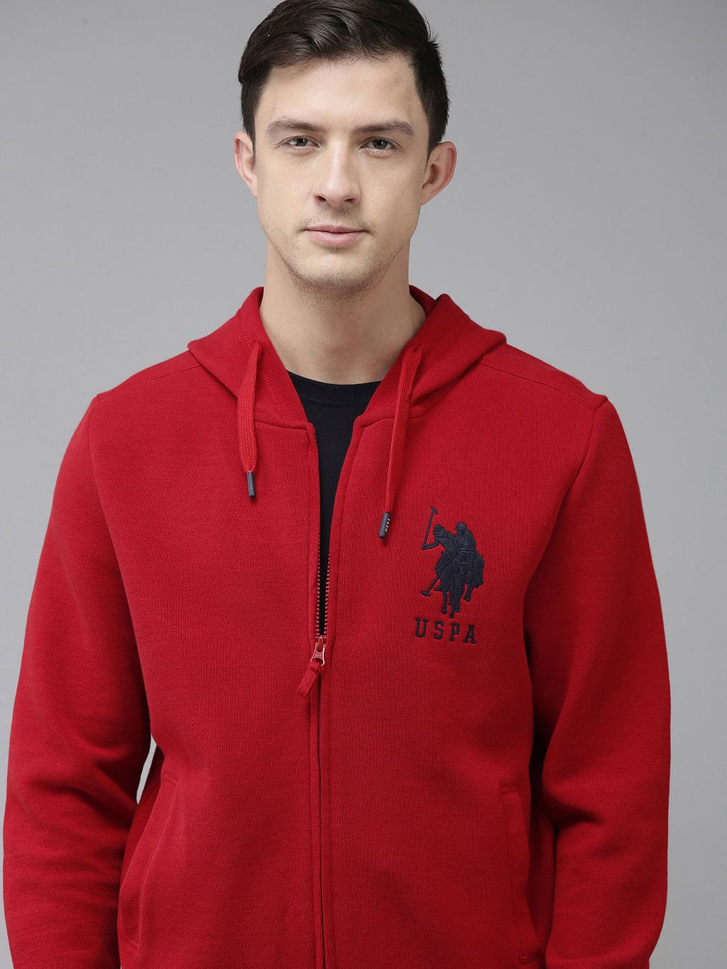 U.S. Polo Assn. Men Red Brand Logo Embroidered Hooded Sweatshirt