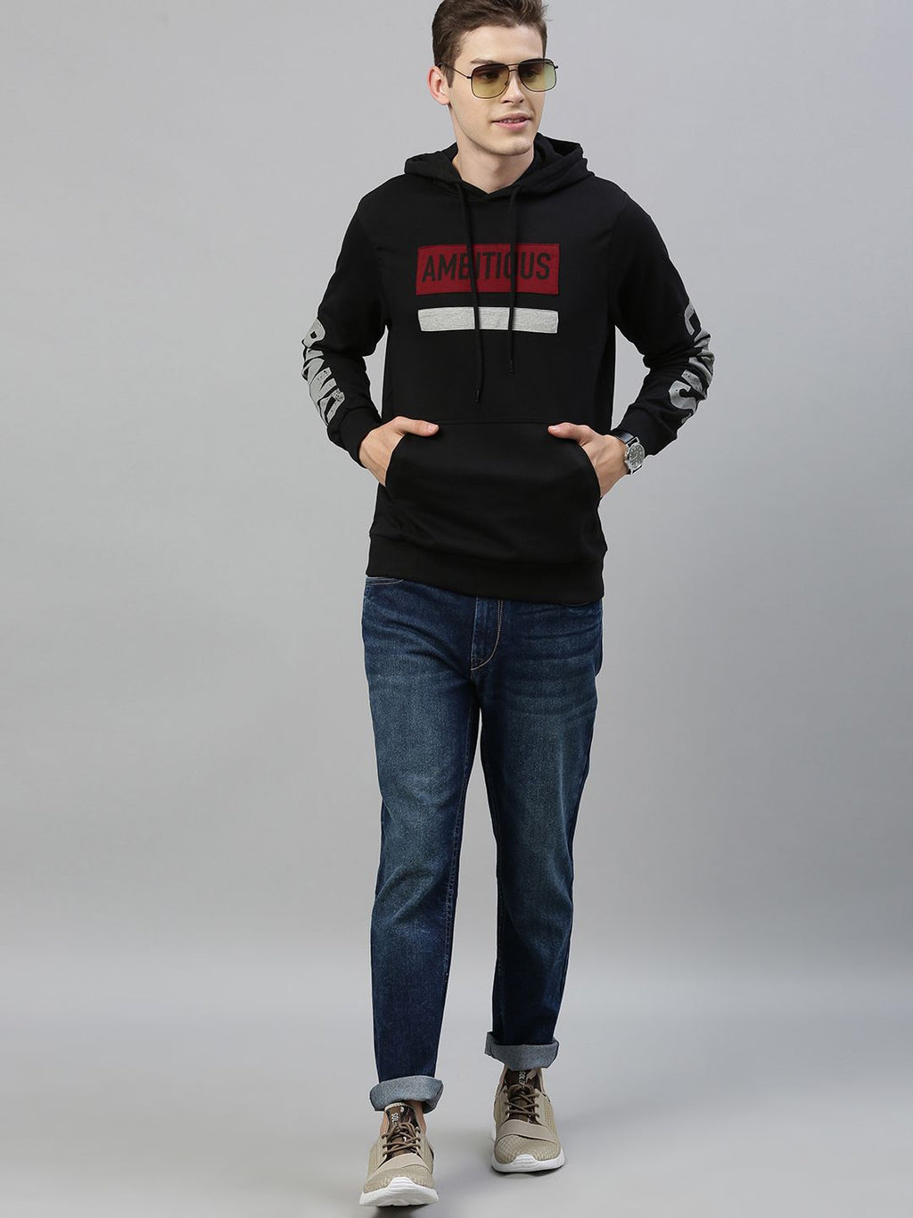  HERE&NOW Men Black & Red Printed Hooded Sweatshirt