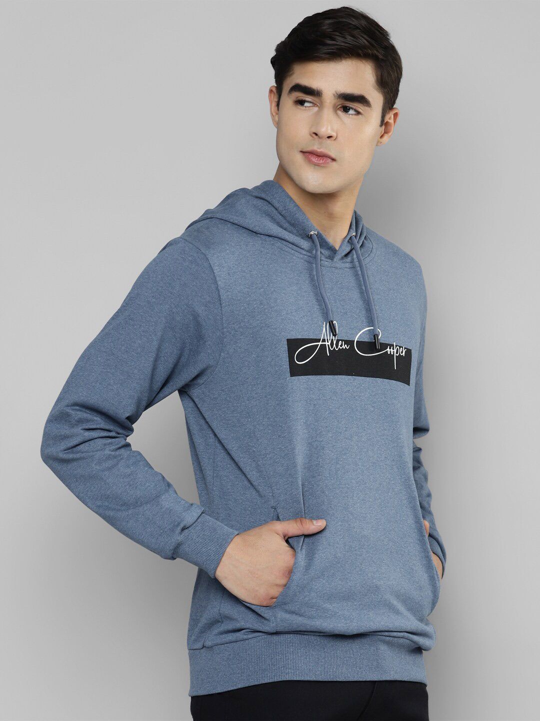  Allen Cooper Men Blue Printed Hooded Sweatshirt