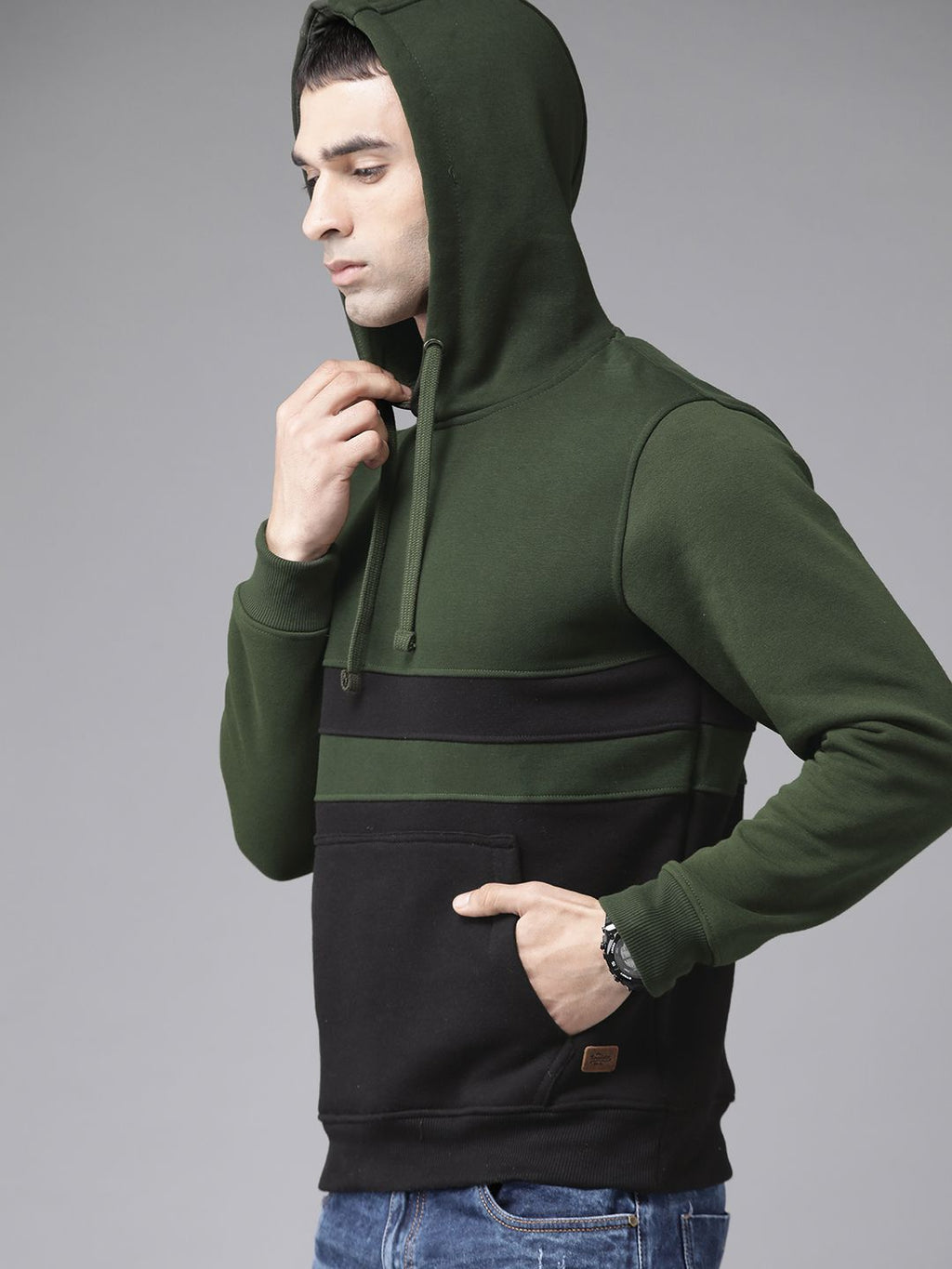  Roadster Men Olive Green & Black Colourblocked Hooded Sweatshirt
