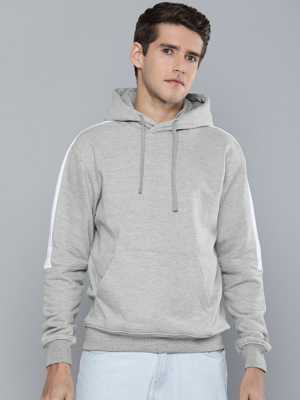  Ether Men Grey Solid Hooded Sweatshirt With Lined Detailed Sleeved