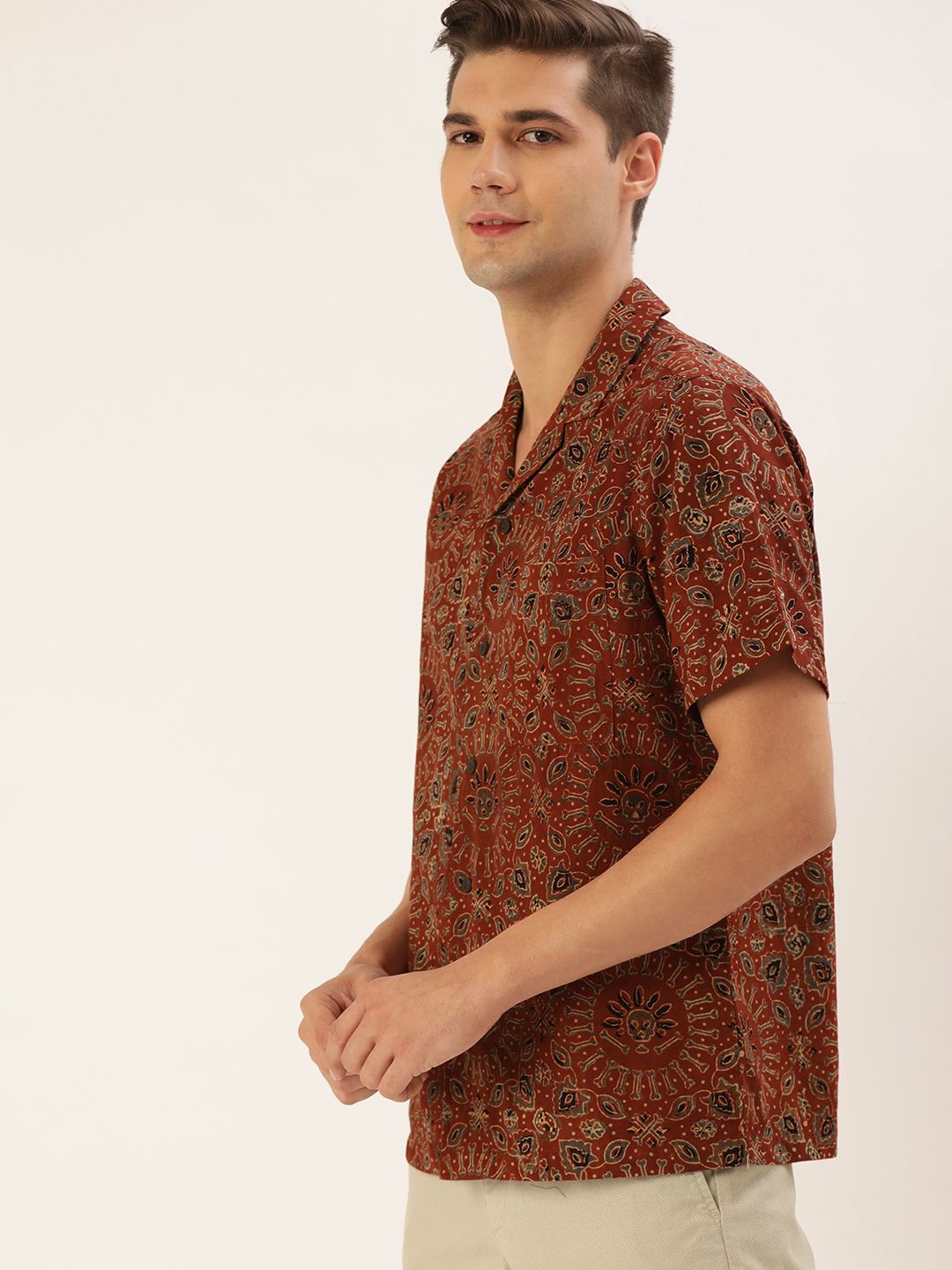  Taavi Men Maroon Ajrakh Hand Block Printed Cuban Collar Casual Shirt