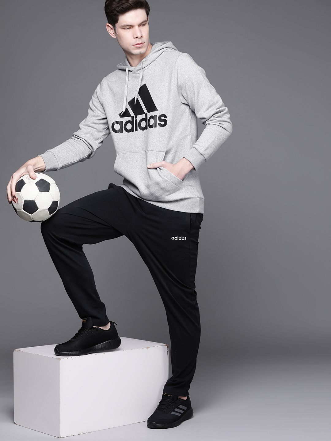  ADIDAS Men Grey Melange & Black BL FL Hooded Sweatshirt