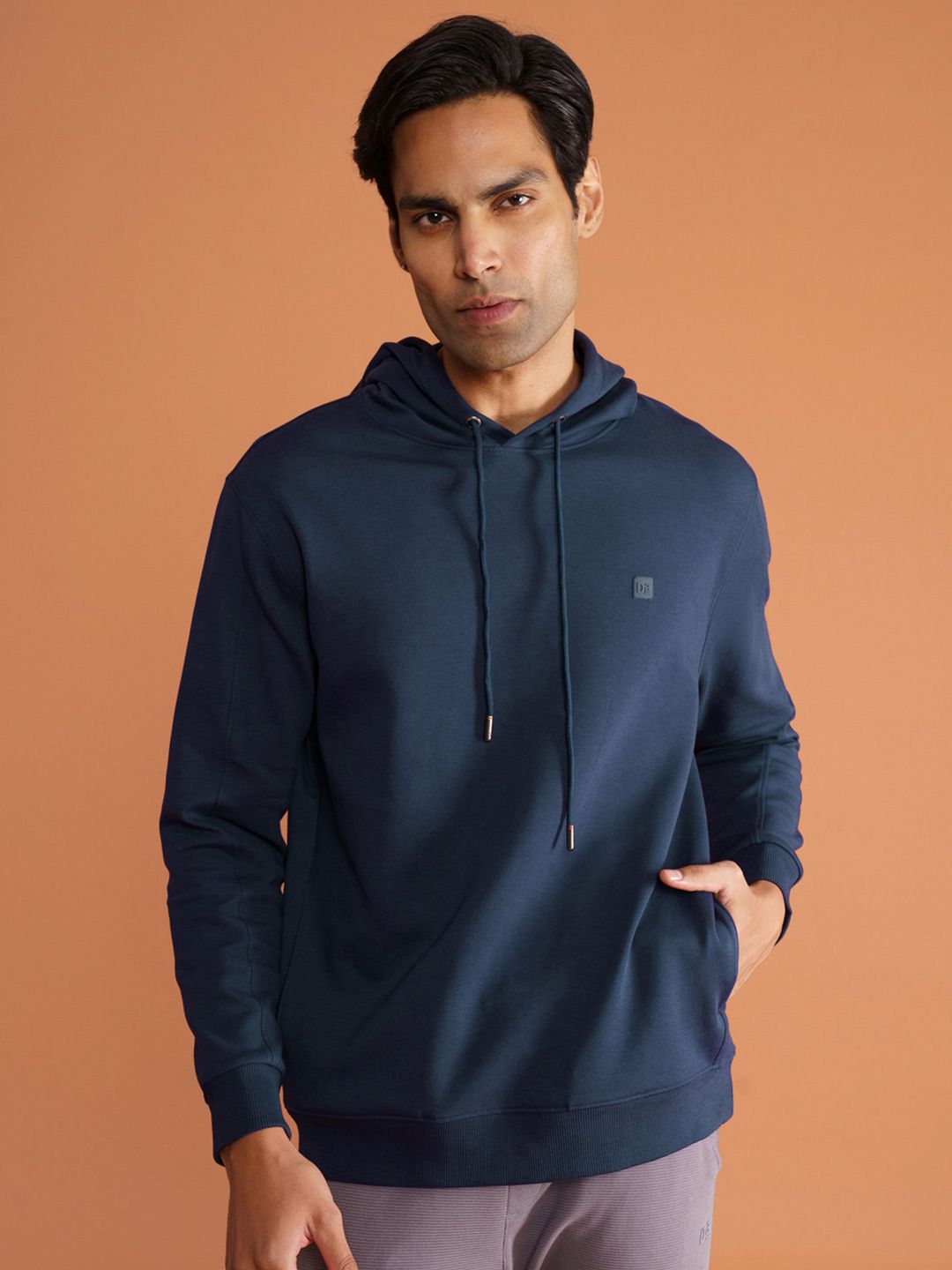  DAMENSCH Men Solid Navy Blue Cotton Regular Fit Hoodie