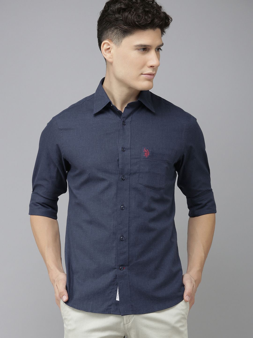 U.S. Polo Assn. U S Polo Assn Men Navy Blue Solid Tailored Fit Pure Cotton Casual Shirt