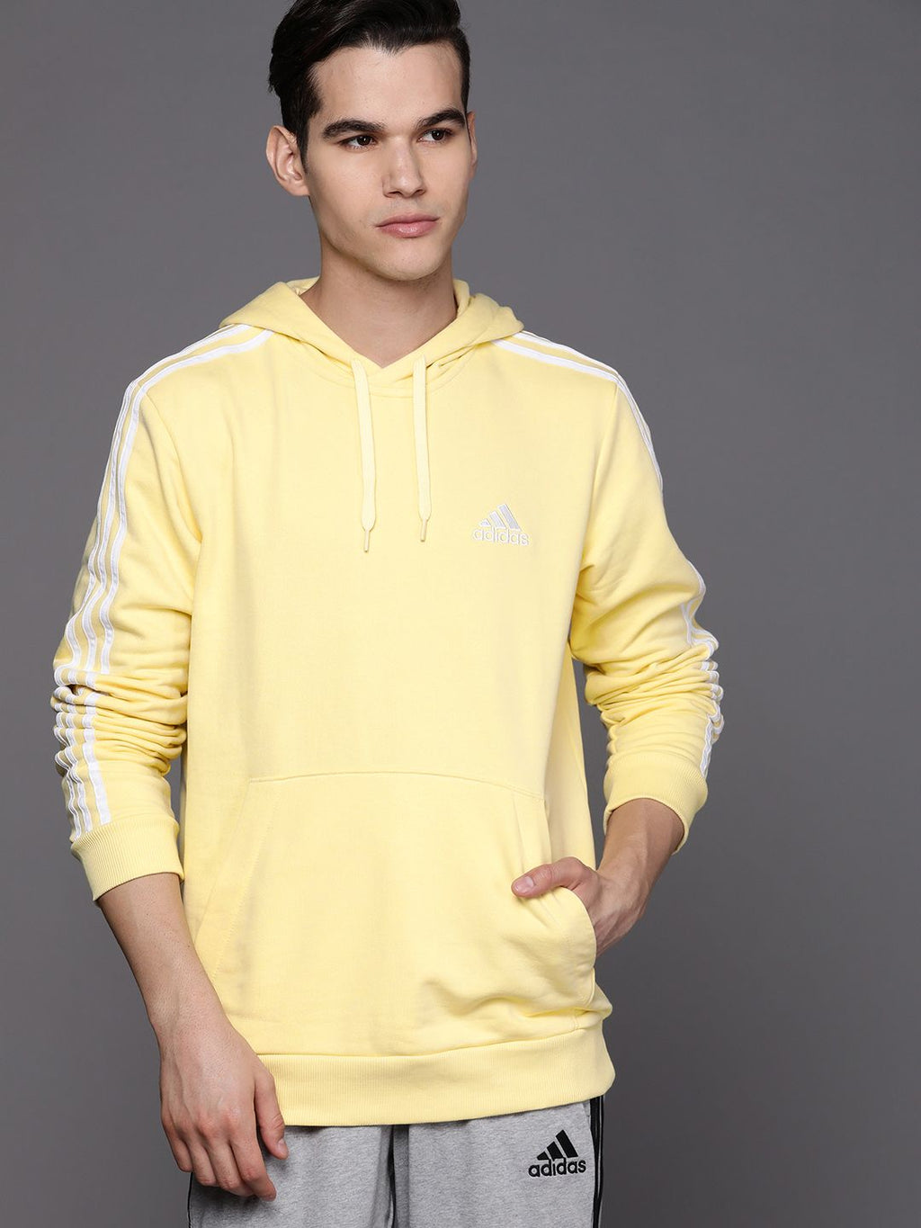  ADIDAS Men Yellow Hooded 3S Sweatshirt
