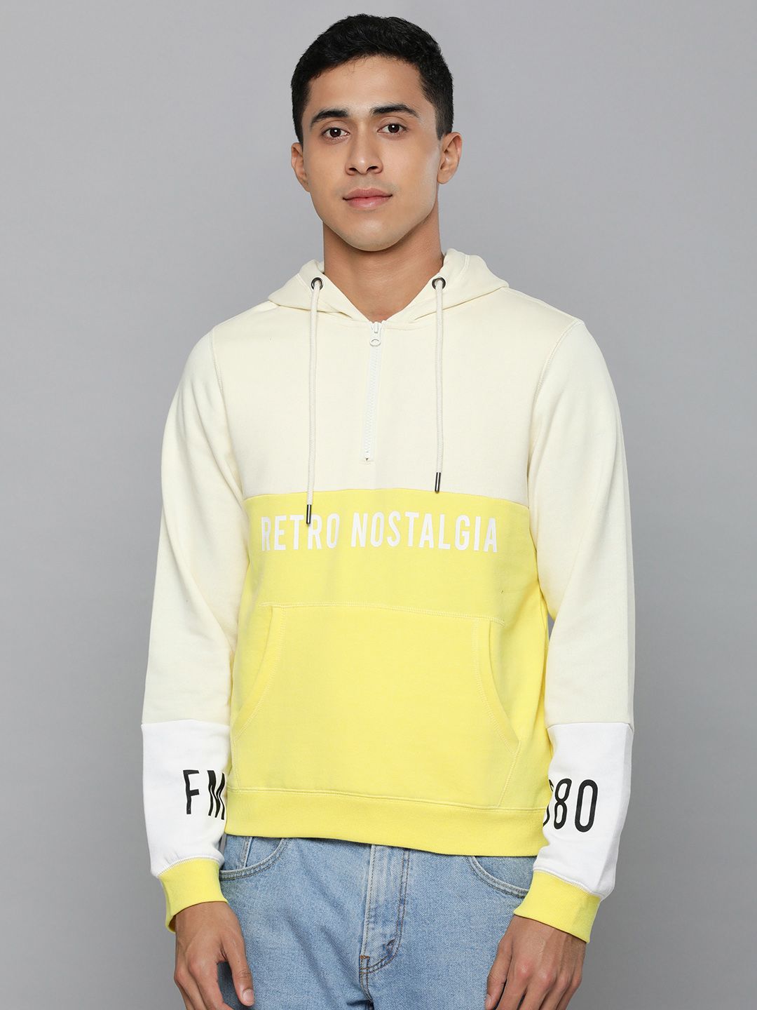  Flying Machine Men Yellow Colourblocked Hooded Sweatshirt With Minimal Print Detail