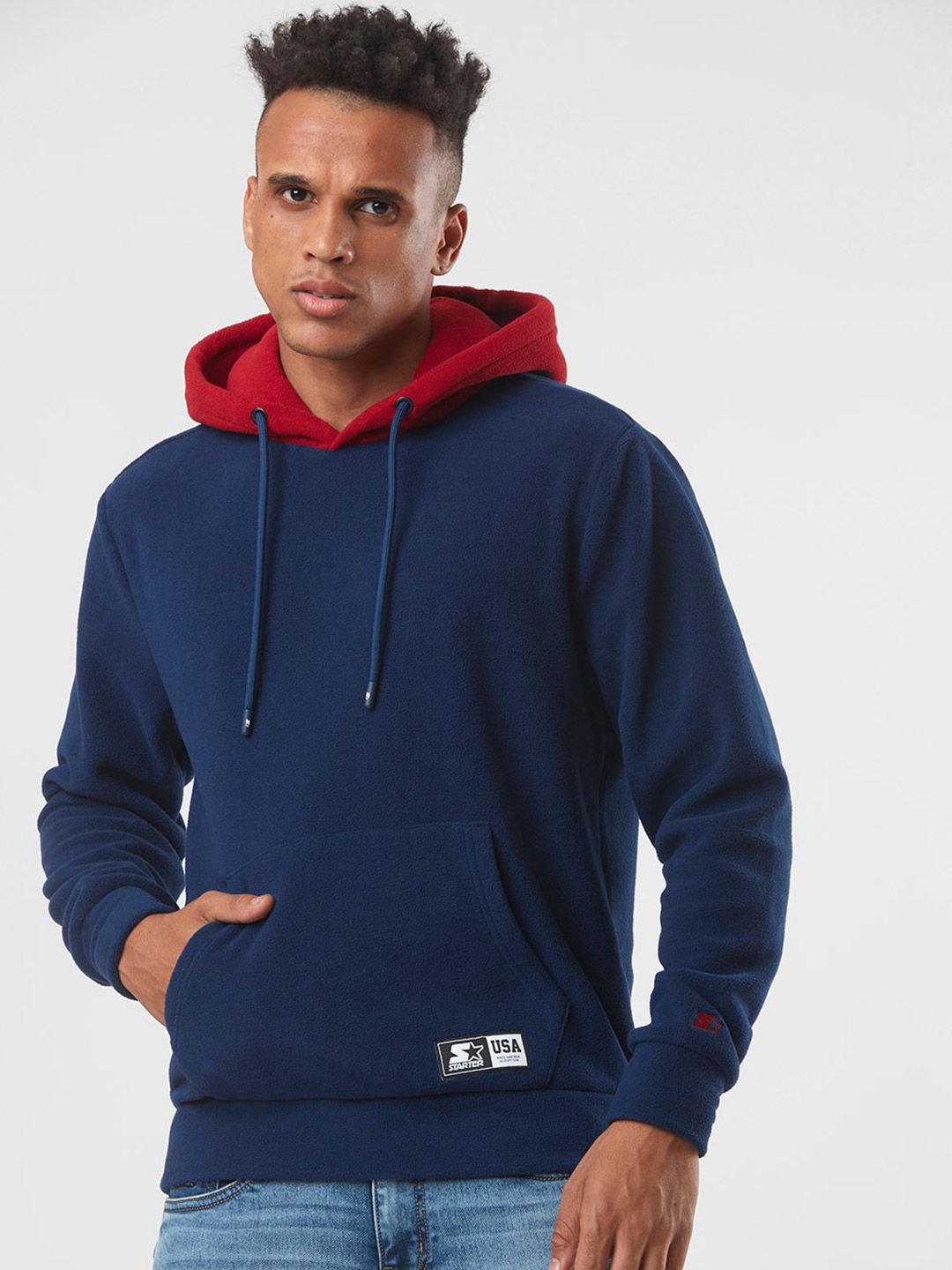  STARTER Men Navy Blue Cotton Hooded Sweatshirt