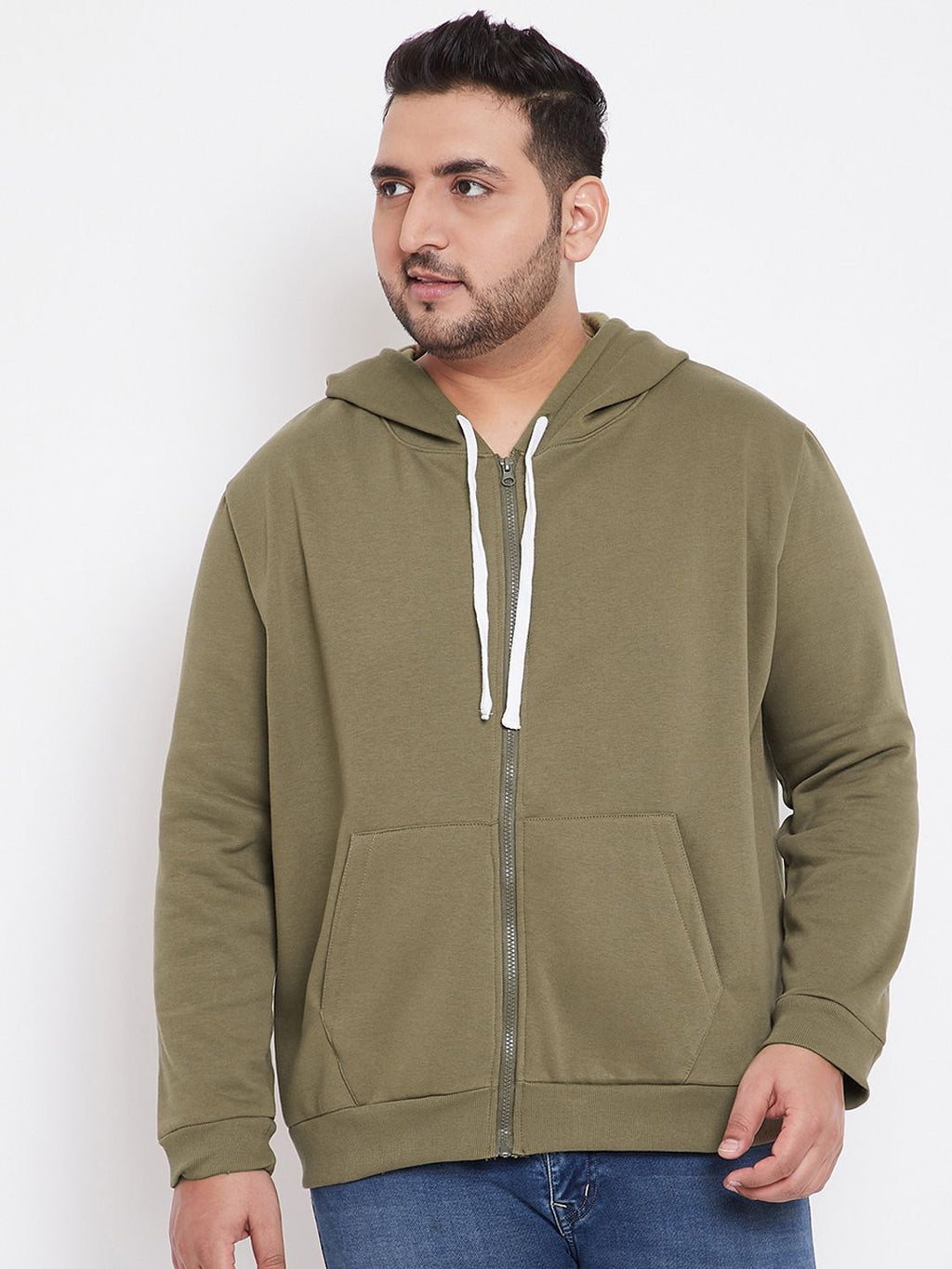  Instafab Plus Men Olive Green Solid Hooded Sweatshirt