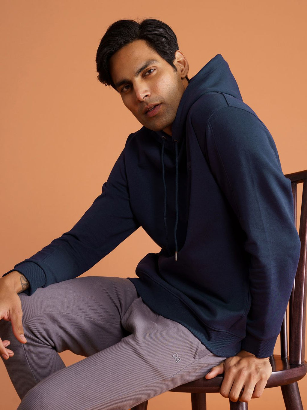  DAMENSCH Men Solid Navy Blue Cotton Regular Fit Hoodie