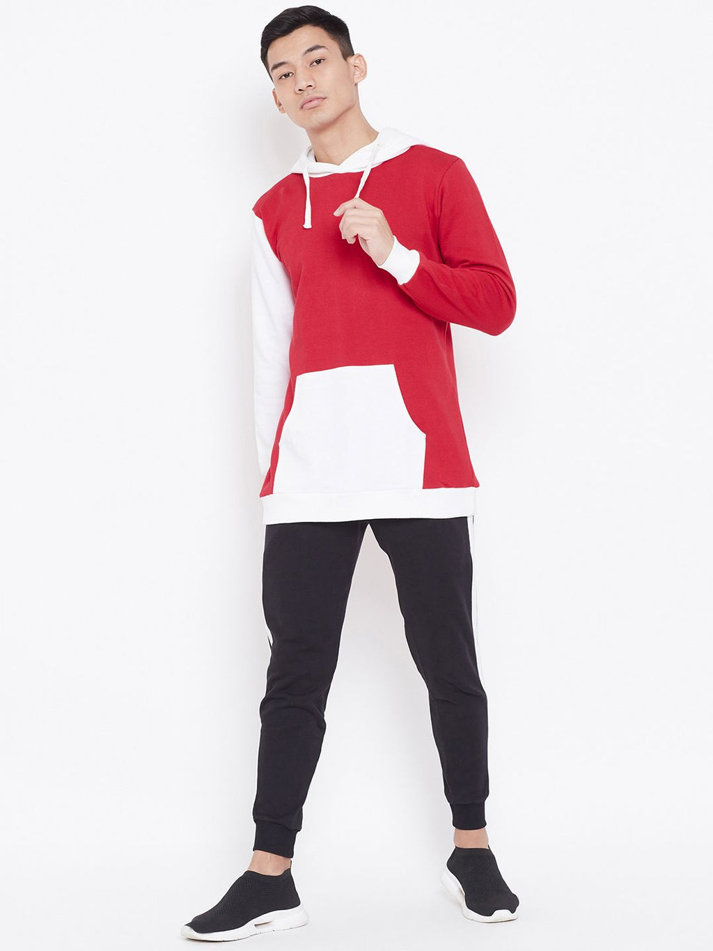  Aesthetic Bodies Men Red & White Colourblocked Hooded Sweatshirt