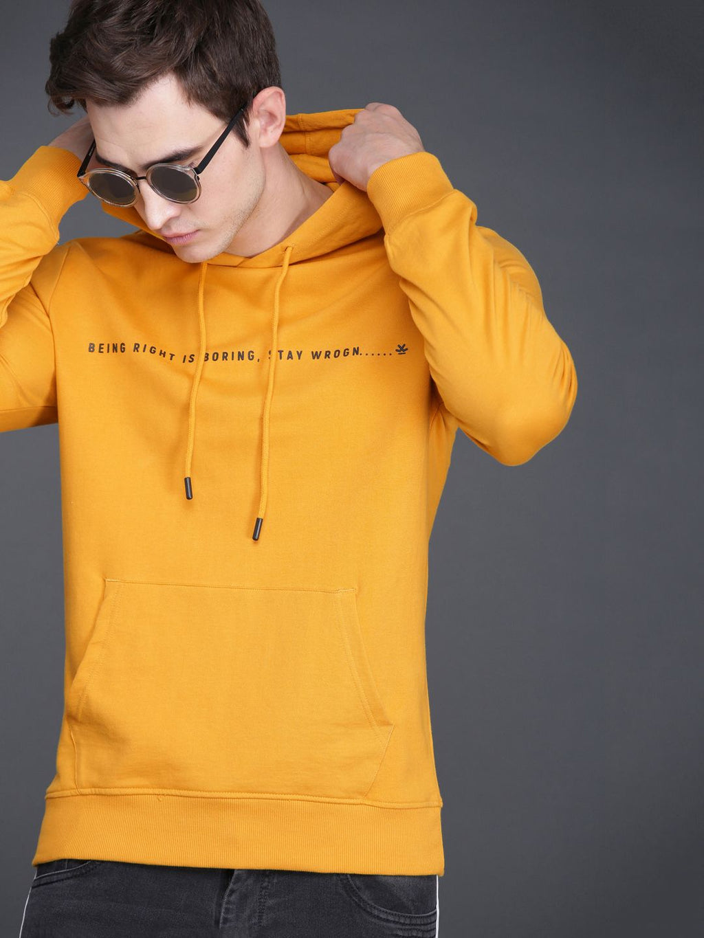  WROGN Men Mustard Yellow Slim Fit Solid Hooded Sweatshirt