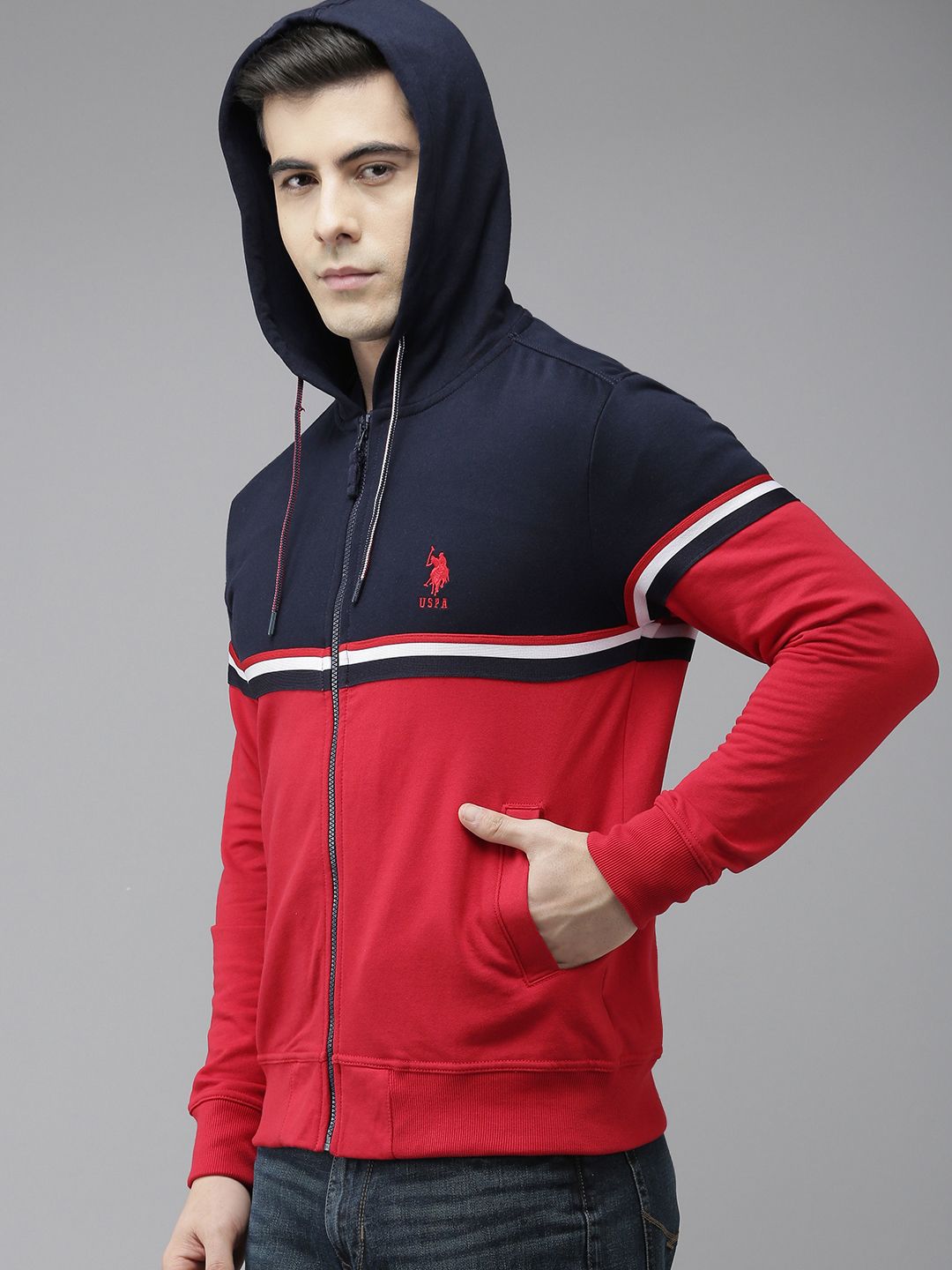U.S. Polo Assn. U S Polo Assn Men Navy Blue & Red Colourblocked Hooded Sweatshirt