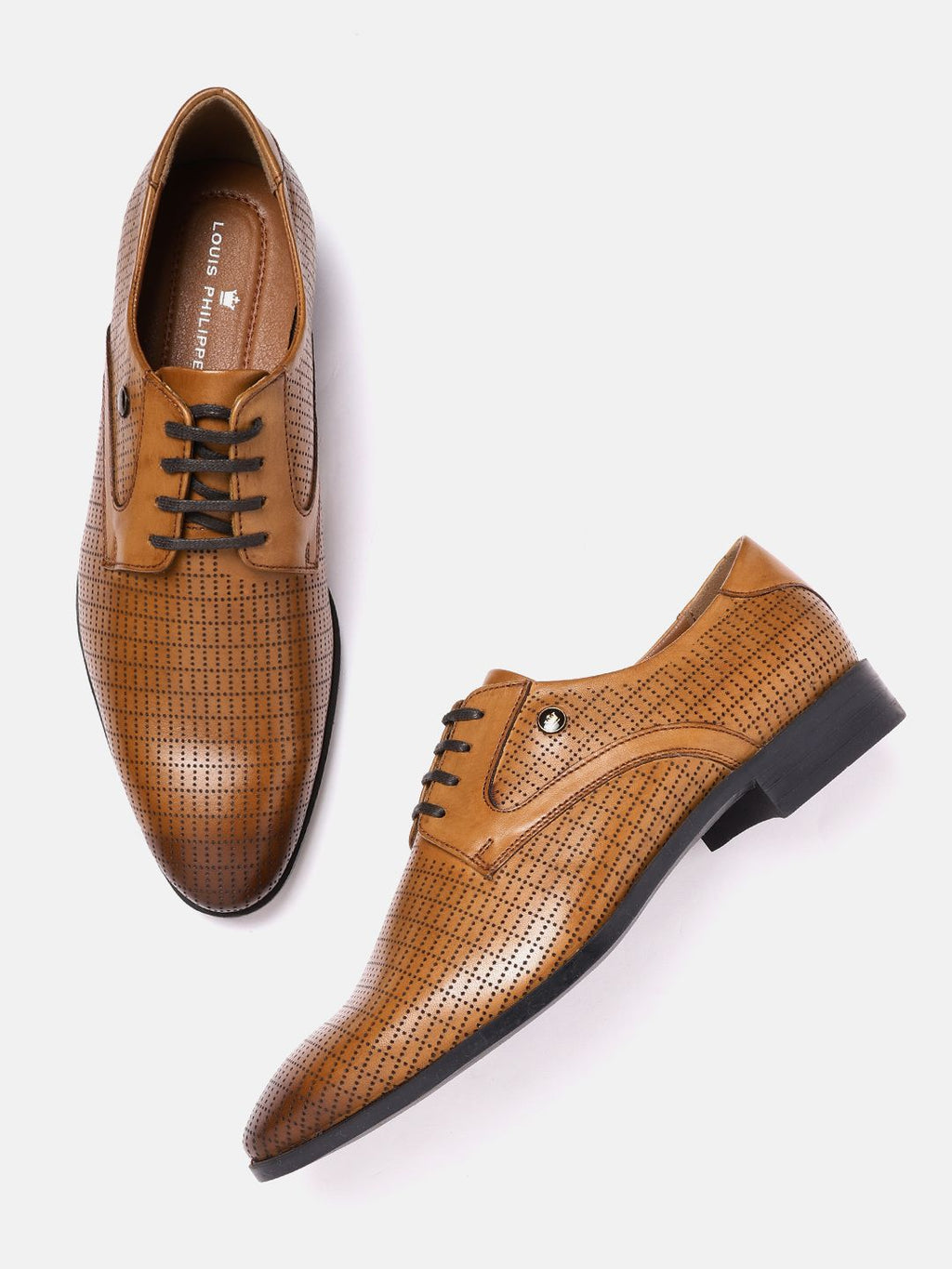  Louis Philippe Men Tan Brown Perforated Leather Formal Derbys