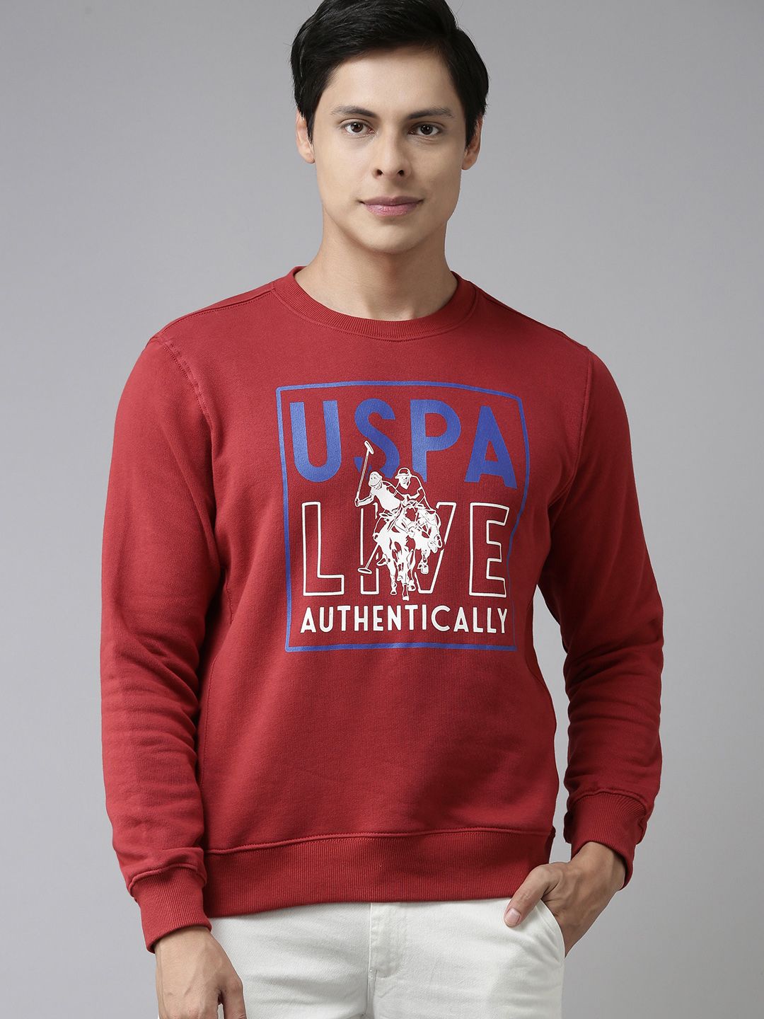  U.S. Polo Assn. Men Coral Red & White Cotton Brand Logo Print Sweatshirt