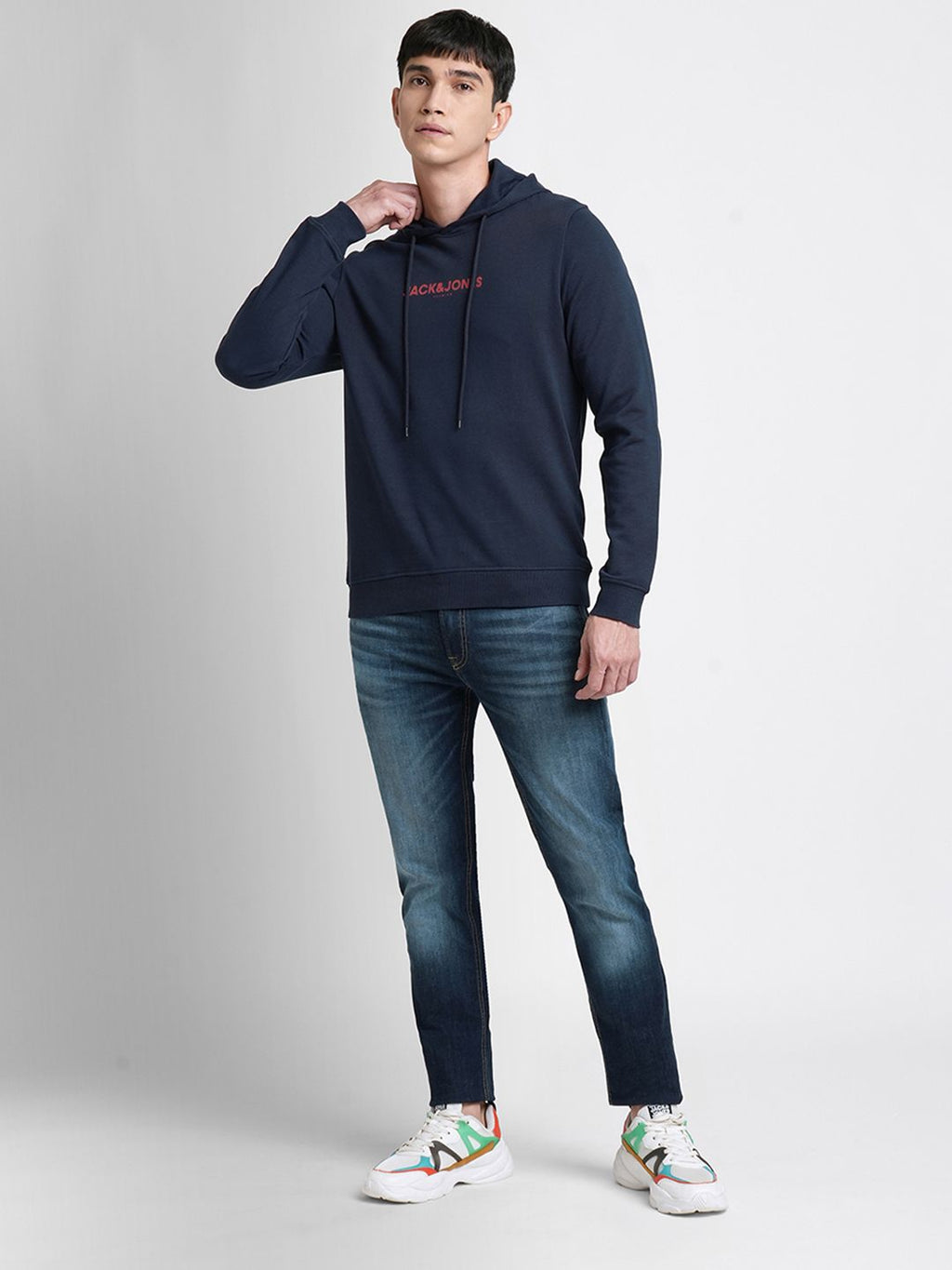  Jack & Jones Men Blue Brand Logo Printed Hooded Sweatshirt