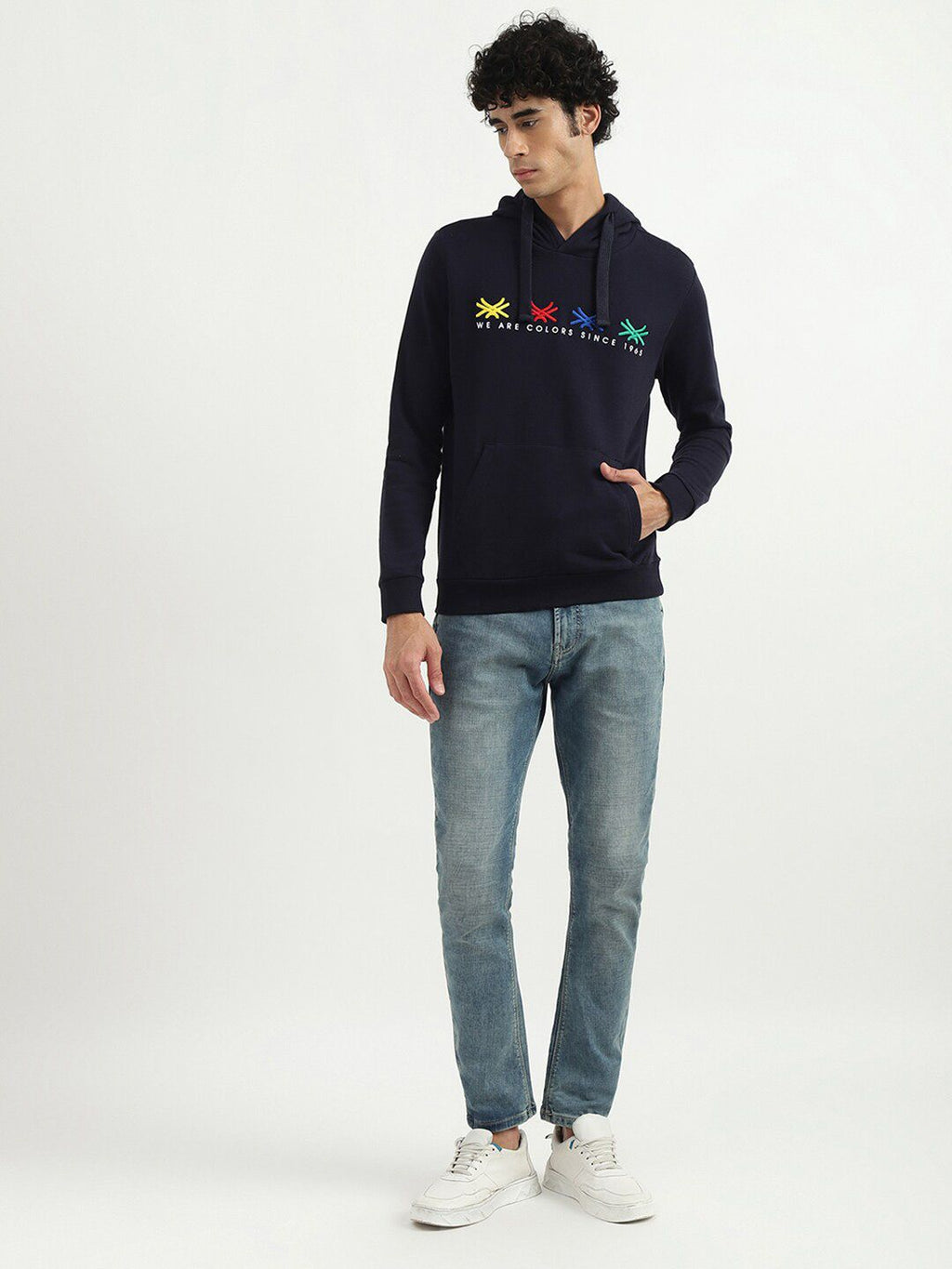  United Colors Of Benetton Men Navy Blue Printed Hooded Sweatshirt