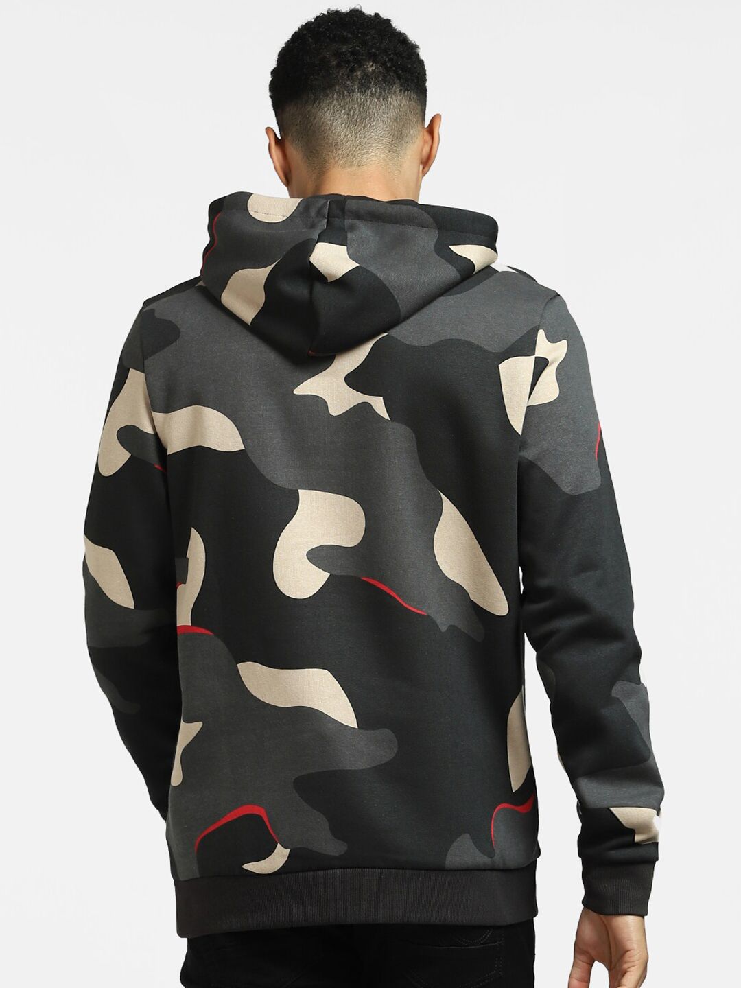 Jack & Jones Men Black & Grey Camouflage Printed Hooded Sweatshirt