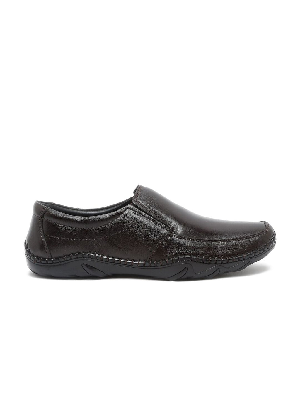  MUTAQINOTI Men Brown Solid Leather Formal Slip-On Shoes