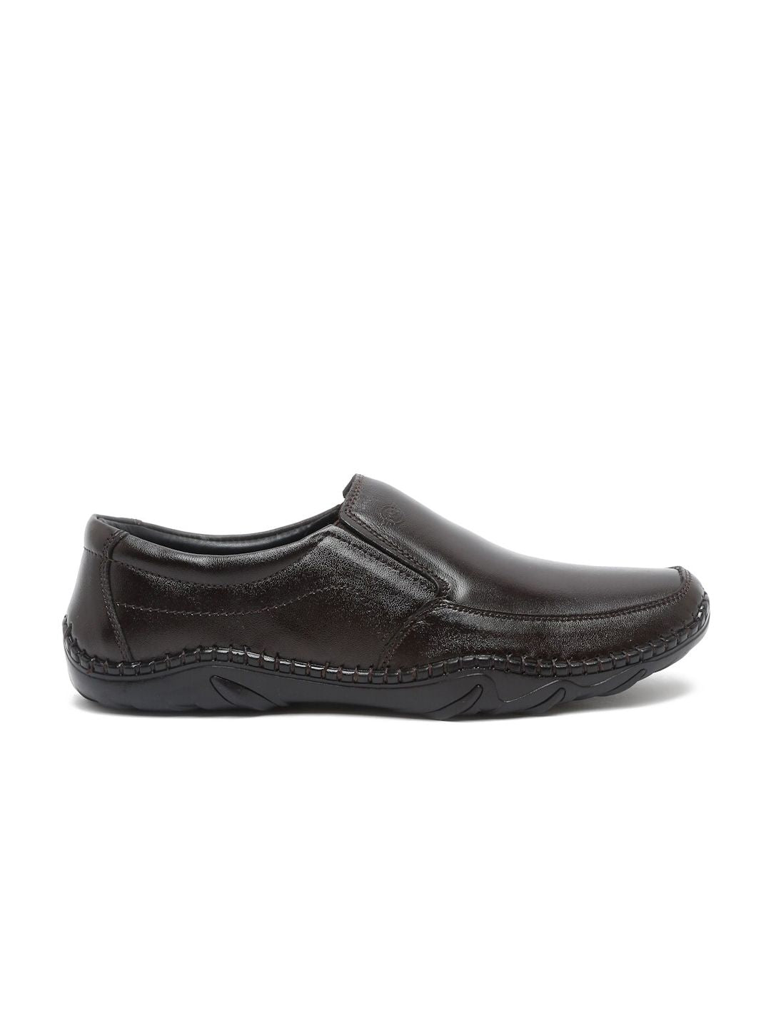  MUTAQINOTI Men Brown Solid Leather Formal Slip-On Shoes