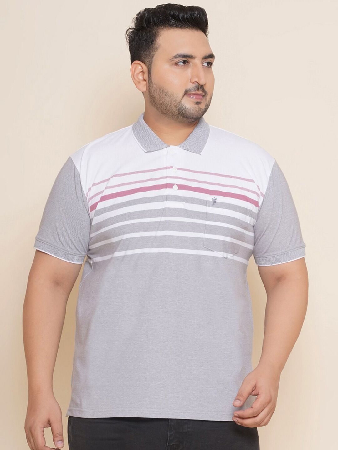 John Pride Plus Size Striped Polo Collar Pure Cotton T-shirt