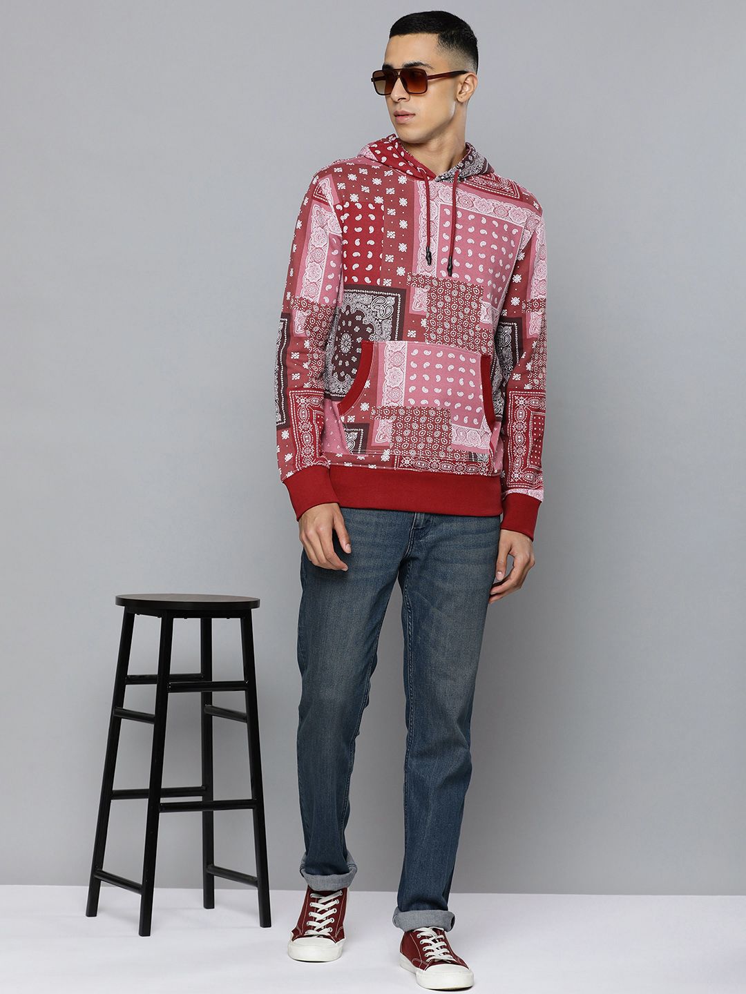  Levis Men Red & Pink Bohemian Printed Pure Cotton Hooded Sweatshirt