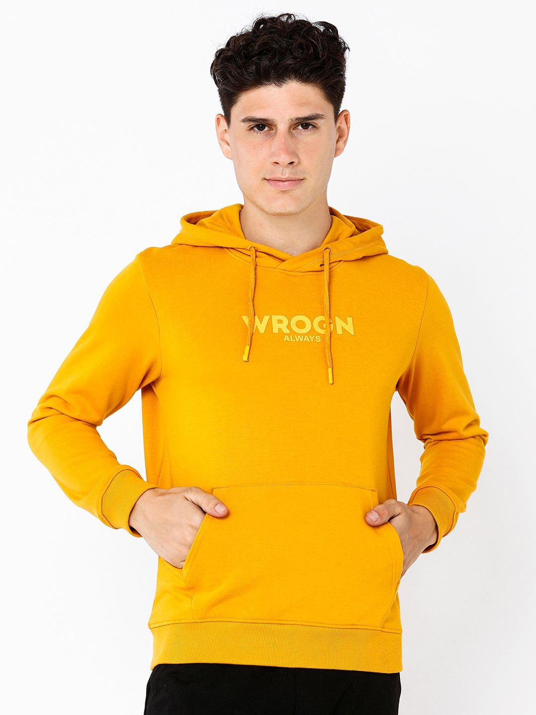 WROGN Men Alphanumeric Printed Hooded Pullover Pure Cotton Sweatshirt