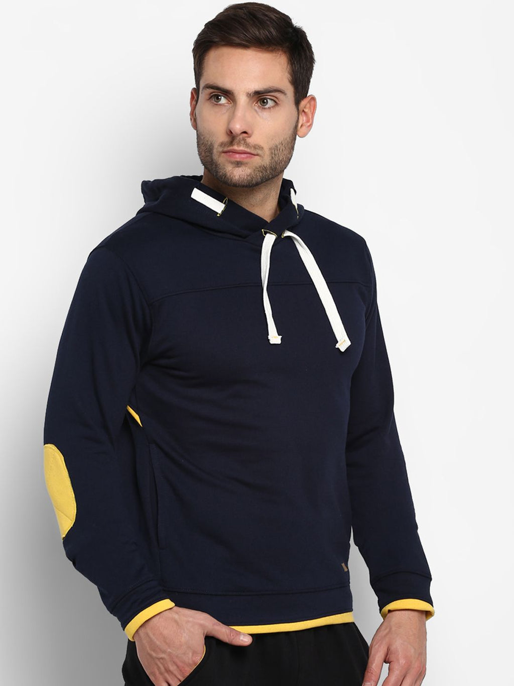  Yuuki Men Navy Blue Solid Hooded Sweatshirt