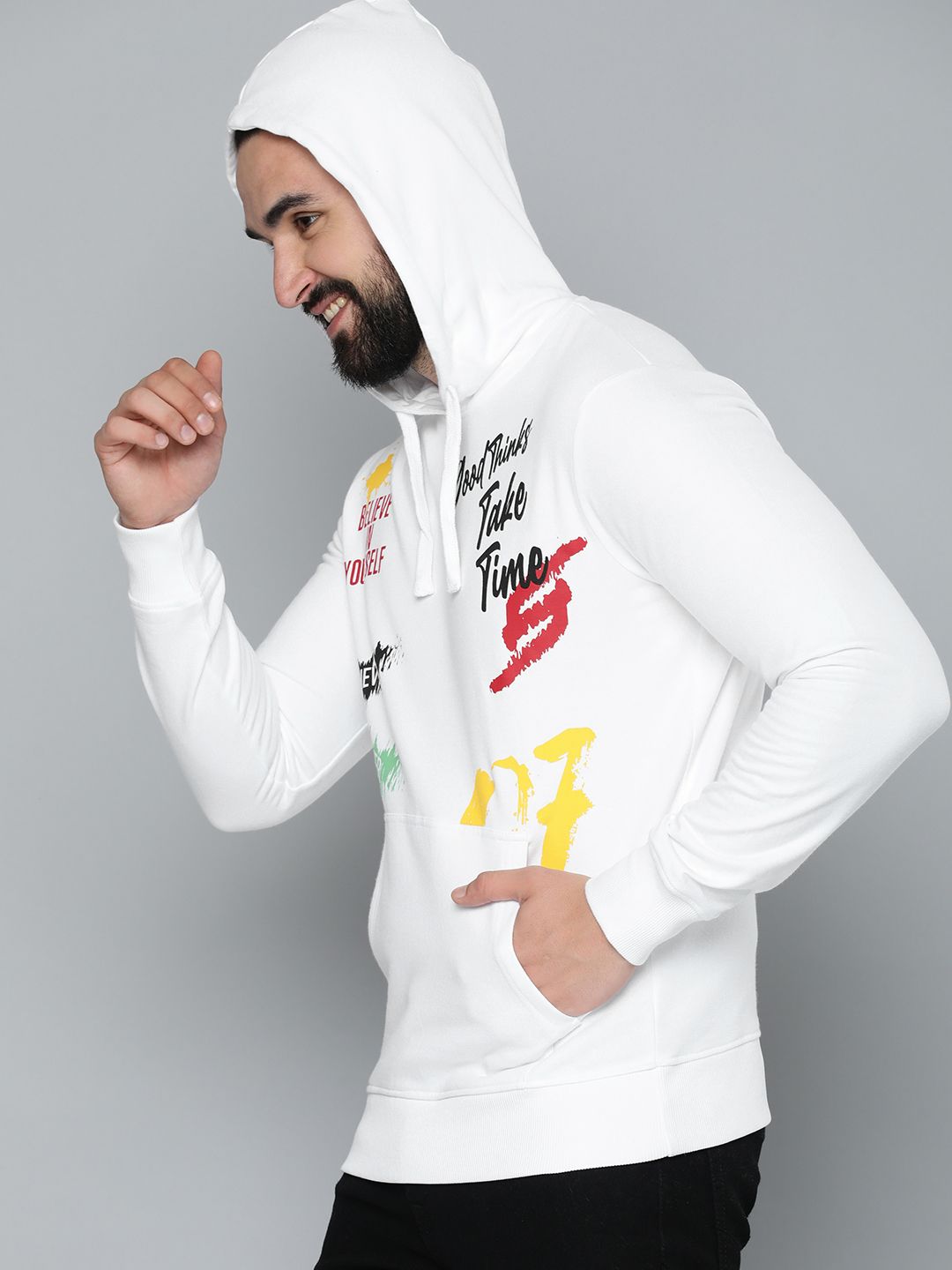  HERE&NOW Men Pure Cotton Printed Hooded Sweatshirt