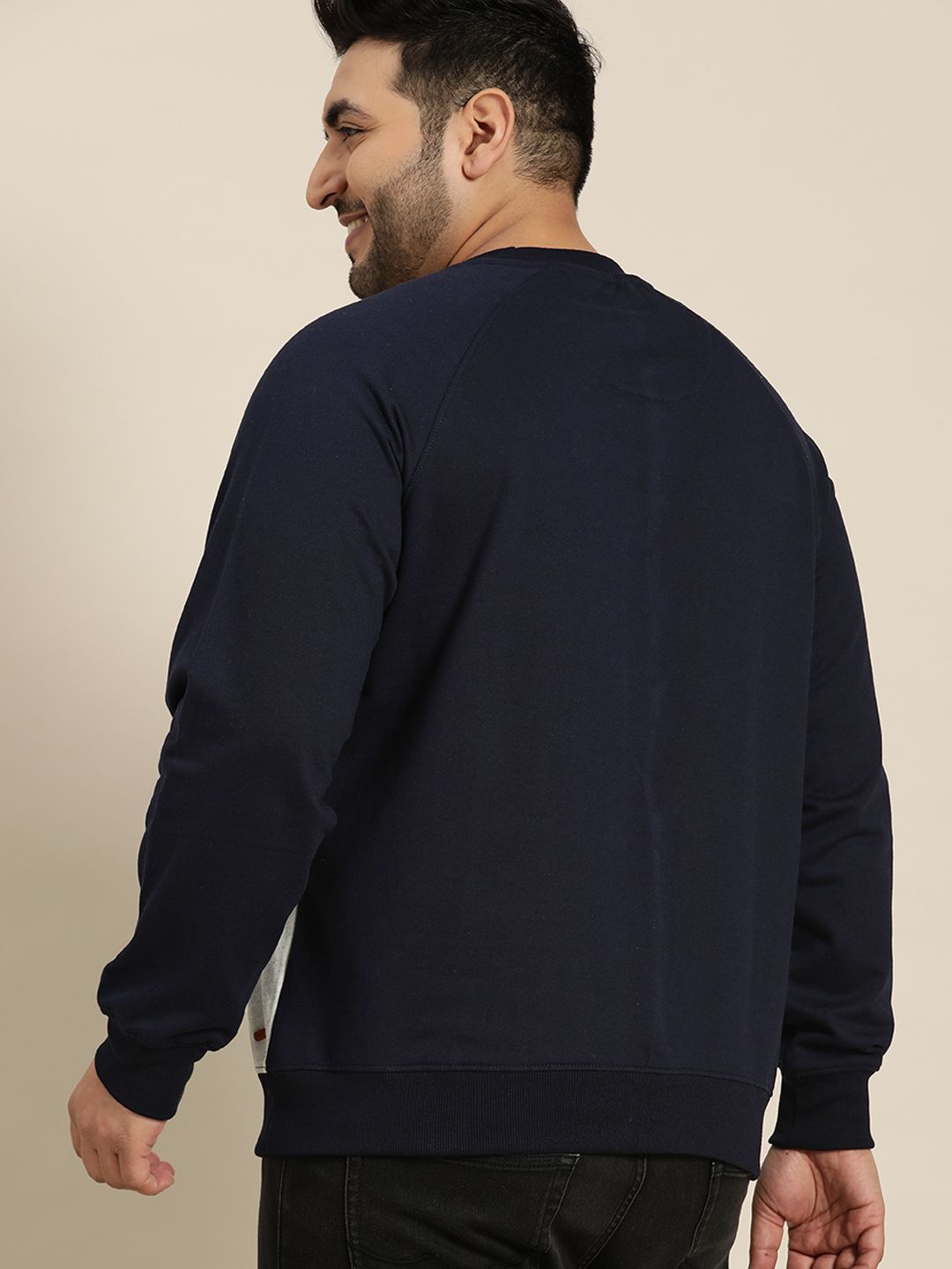  Sztori Men Plus Size Navy Blue & Grey Colourblocked Raglan Sleeves Sweatshirt