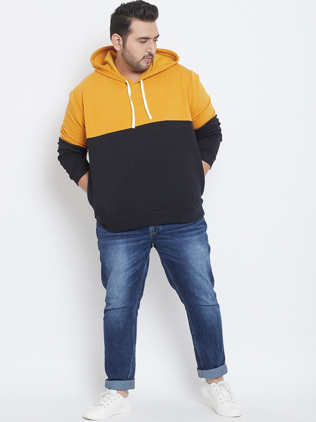  Instafab Plus Men Mustard Yellow & Black Colourblocked Hooded Sweatshirt